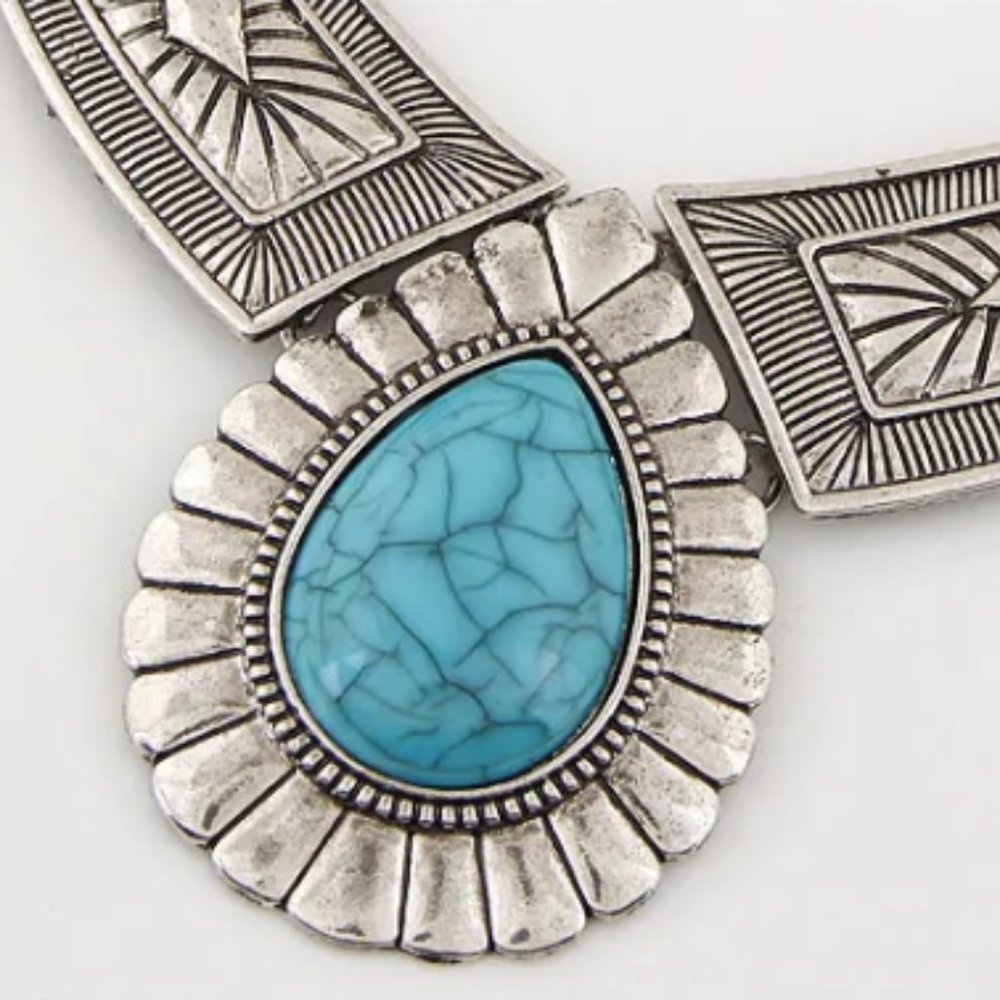 Antique Silver & Turquoise Western Southwestern Bohemian Statement Necklace NEW - Picture 3 of 8